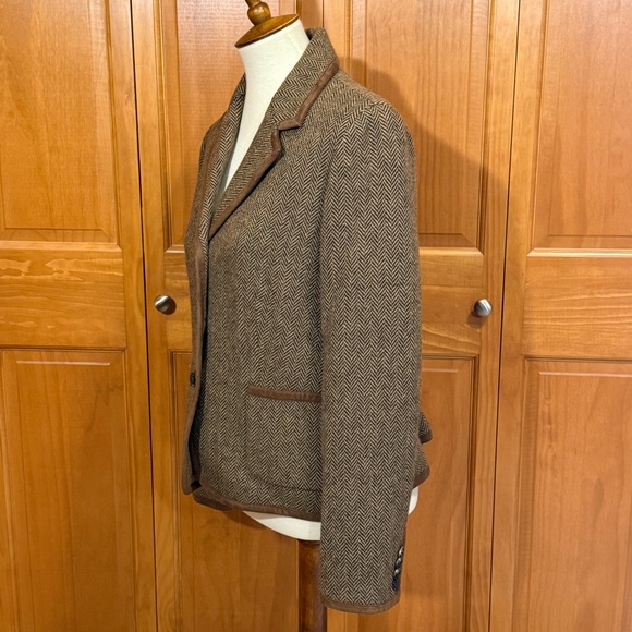 Lauren Ralph Lauren Brown Herringbone Wool-Blend Suede Detail Blazer Jacket - Picture 4 of 13